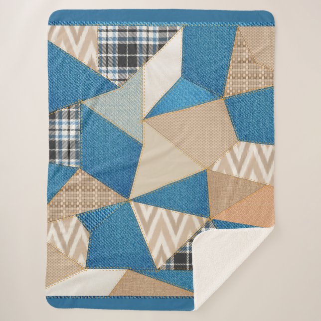 Denim Patchwork Sherpa Blanket (Front)