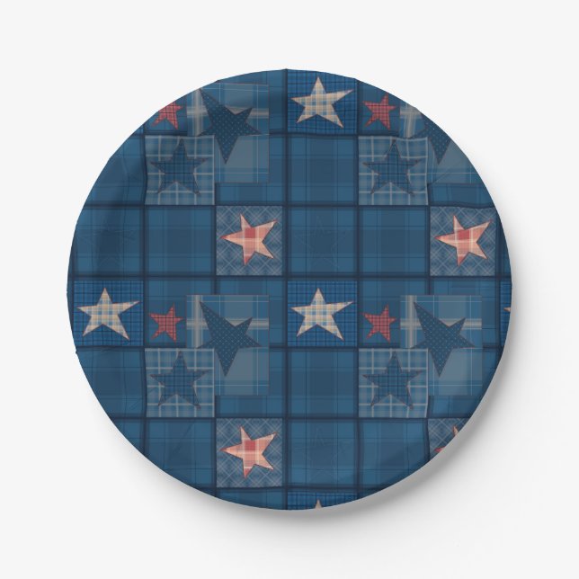 Denim patchwork shower curtain paper plates (Front)