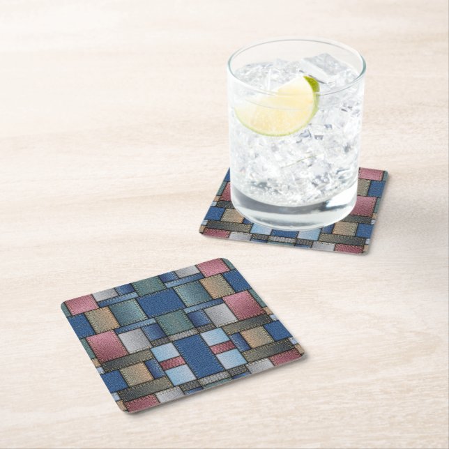 Denim Patchwork Square Paper Coaster (Insitu)