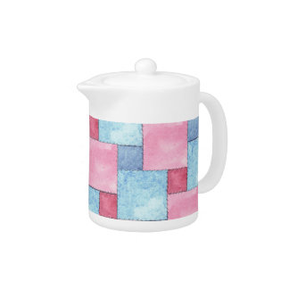 Denim Patchwork Tea Pot, Pinks, Blues Teapot