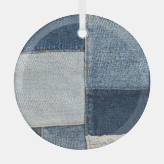 Denim Patchwork: Vintage Textile Pattern Glass Ornament