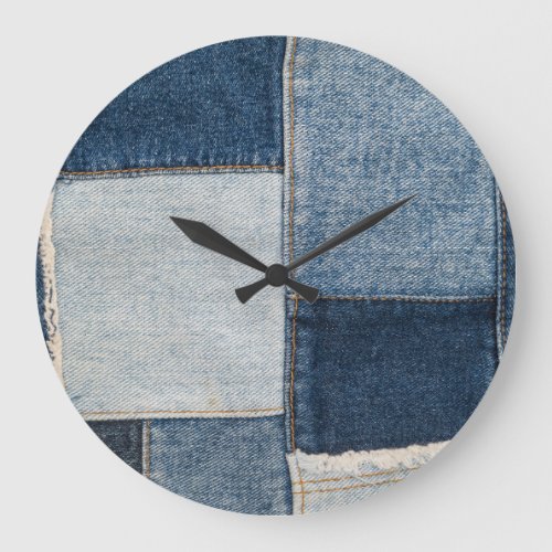 Denim Patchwork Vintage Textile Pattern Large Clock