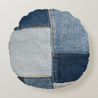 Denim Patchwork: Vintage Textile Pattern Round Pillow