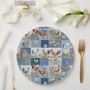 Denim Patchwork With Chickens And Wildflowers Paper Plates