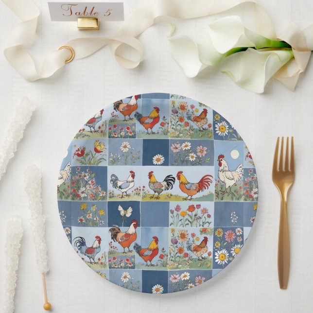 Denim Patchwork With Chickens And Wildflowers Paper Plates (Wedding)