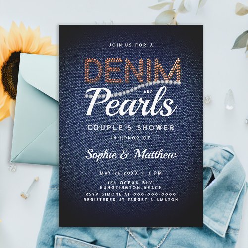 Denim Pearls Couple Wedding Shower Elegant Rustic Invitation