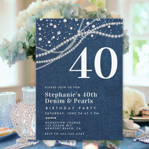Denim Pearls Elegant Classy 40th Birthday Party Invitation
