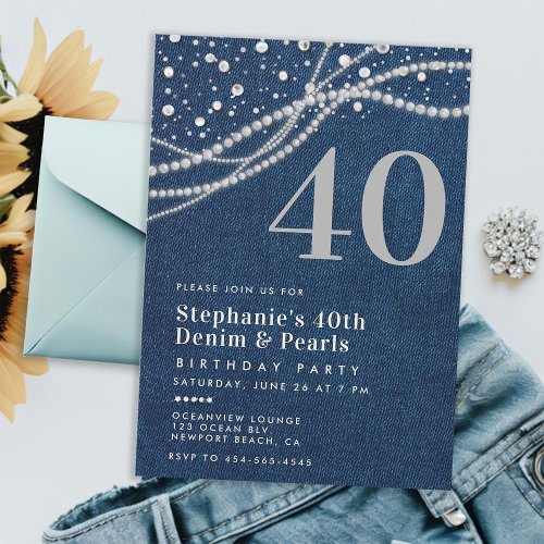 Denim Pearls Elegant Modern 40th Birthday Party Invitation