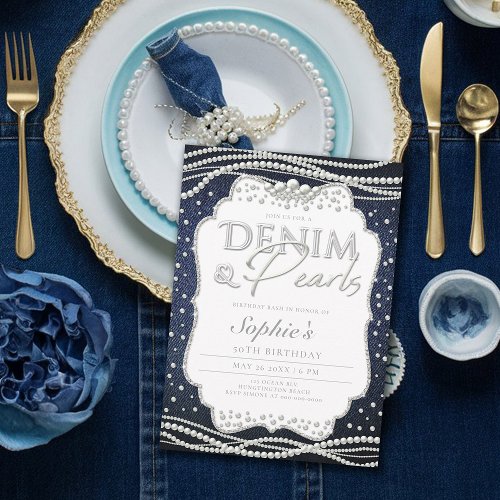 Denim Pearls Elegant Modern Classy 50th Birthday Invitation