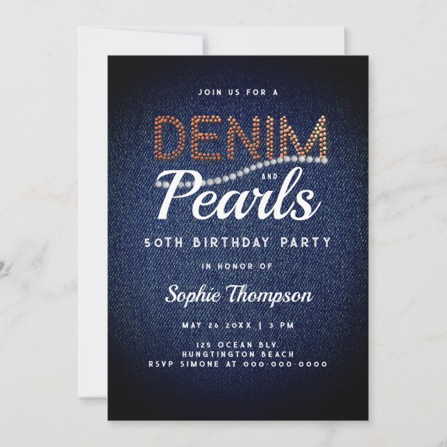 Denim Pearls Elegant Rustic Barn 50th Birthday Invitation (Front)