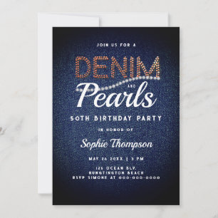 Denim Pearls Elegant Rustic Barn 50th Birthday Invitation
