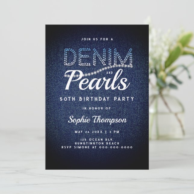 Denim Pearls Elegant Rustic Modern 50th Birthday Invitation (Standing Front)