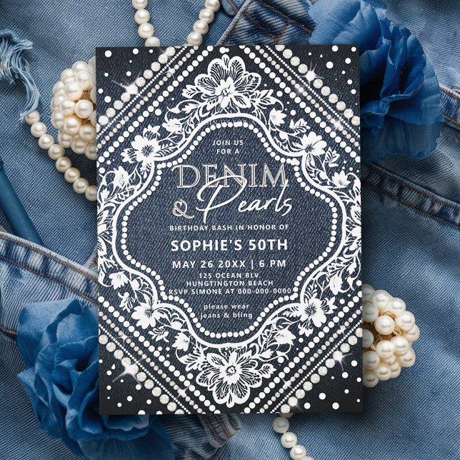 Denim Pearls Lace Elegant Modern 50th Birthday Invitation (denim lace pearls birthday invitation 50th party elegant diamond shape frame classy modern chic)