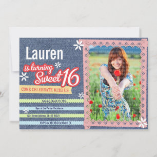 Denim & Pink Lace Sweet 16 Photo Invitation