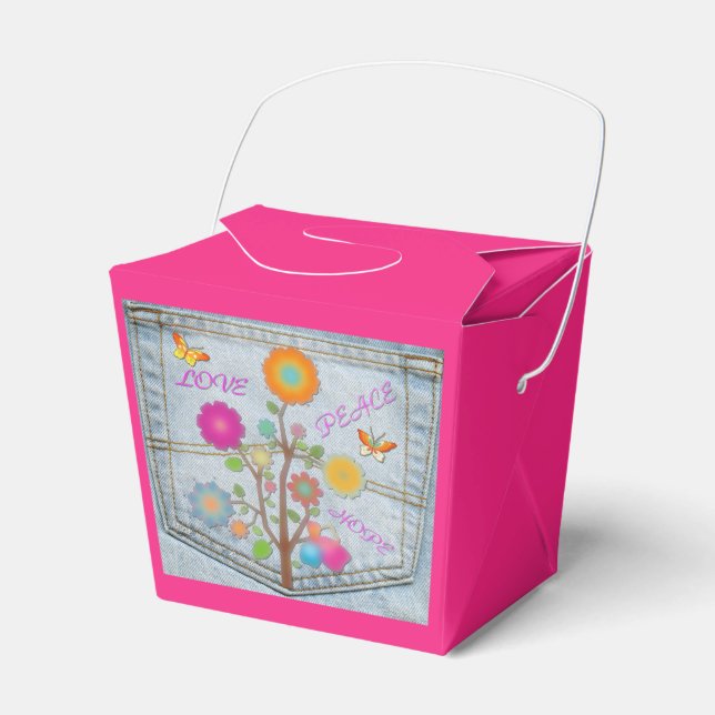 Denim Pocket Flowers Peace Love Hope Favor Box (Front Side)