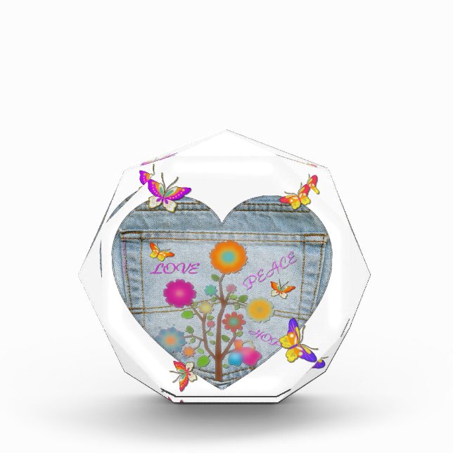 Denim Pocket Heart Flowers Butterflies Acrylic Award (Front)
