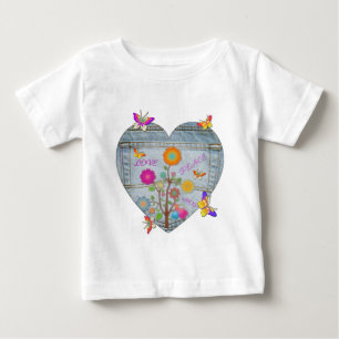 Denim Pocket Heart Flowers Butterflies Baby T-Shirt