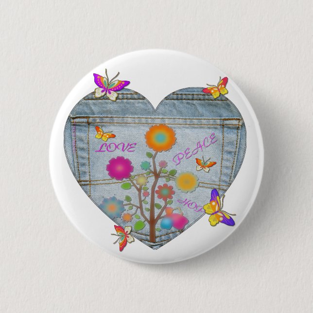 Denim Pocket Heart Flowers Butterflies Button (Front)