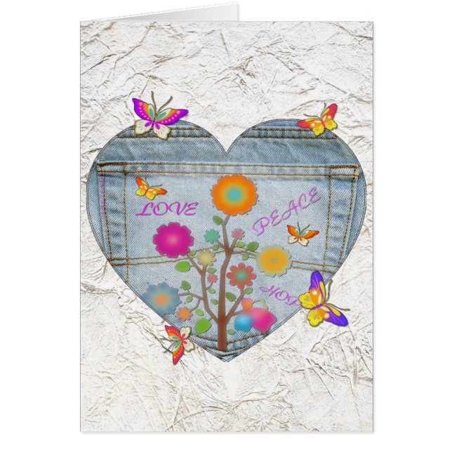 Denim Pocket Heart Flowers Butterflies Card (Front)