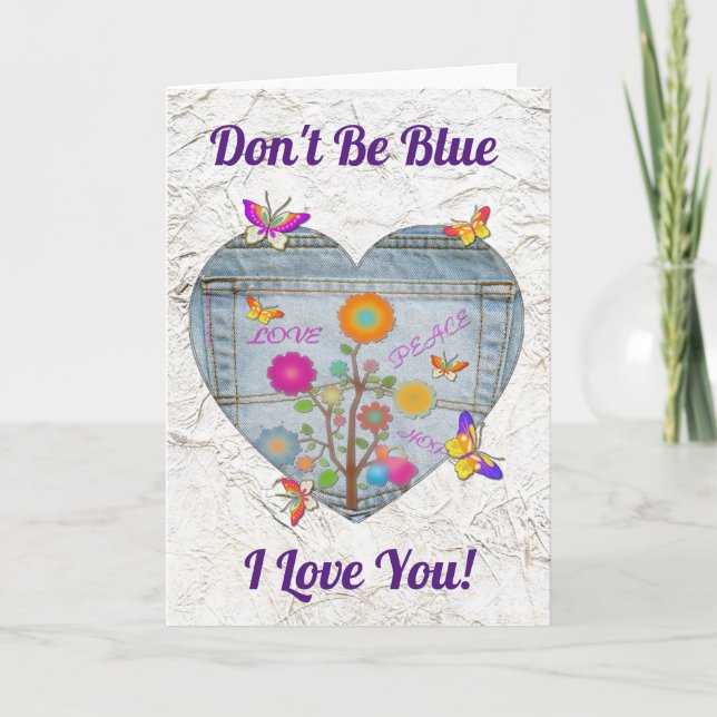 Denim Pocket Heart Flowers Butterflies Card (Front)