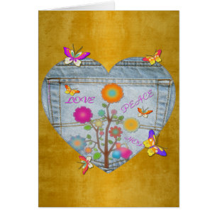 Denim Pocket Heart Flowers Butterflies Card