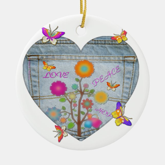 Denim Pocket Heart Flowers Butterflies Ceramic Ornament (Front)