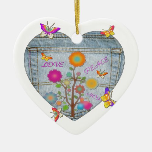 Denim Pocket Heart Flowers Butterflies Ceramic Ornament