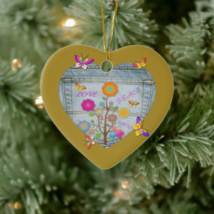 Denim Pocket Heart Flowers Butterflies Ceramic Ornament