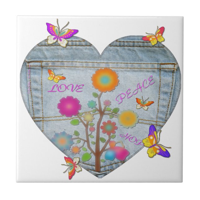 Denim Pocket Heart Flowers Butterflies Ceramic Tile (Front)