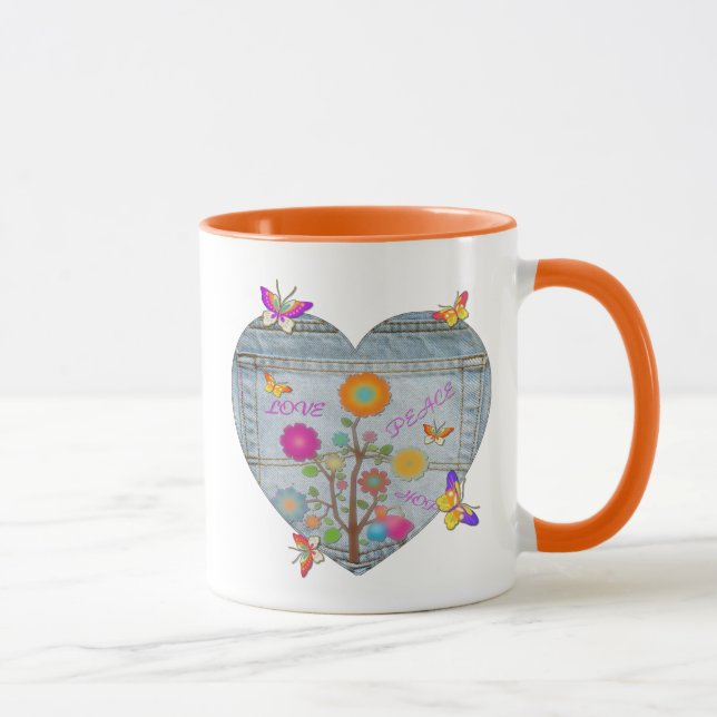 Denim Pocket Heart Flowers Butterflies Coffee Mug (Right)