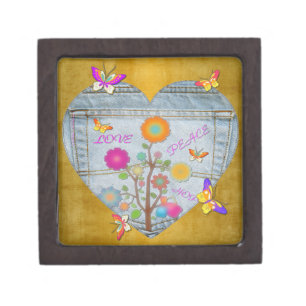 Denim Pocket Heart Flowers Butterflies Jewelry Box