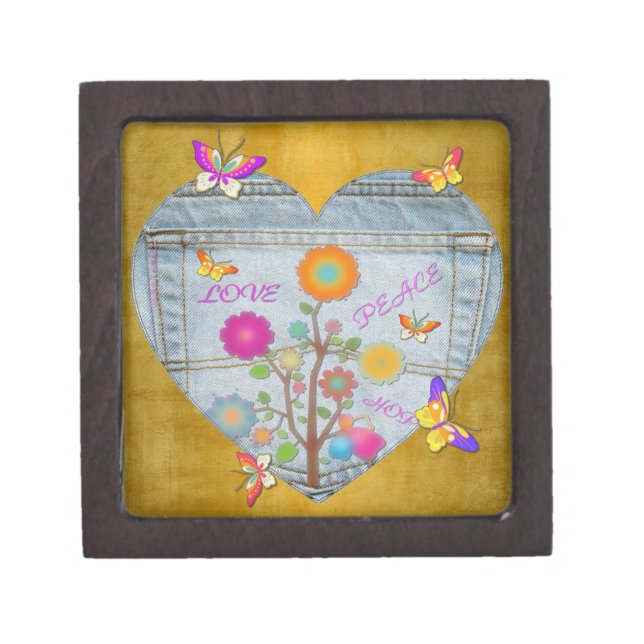 Denim Pocket Heart Flowers Butterflies Jewelry Box (Front)