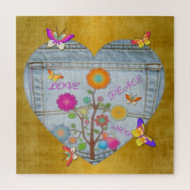 Denim Pocket Heart Flowers Butterflies Jigsaw Puzzle (Vertical)