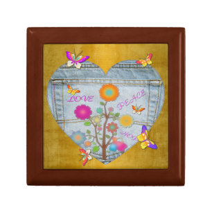 Denim Pocket Heart Flowers Butterflies Keepsake Bo Gift Box