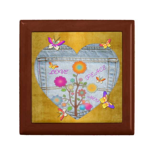 Denim Pocket Heart Flowers Butterflies Keepsake Bo Gift Box (Front)