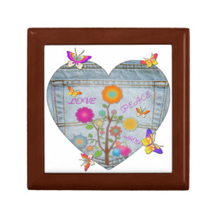Denim Pocket Heart Flowers Butterflies Keepsake Box