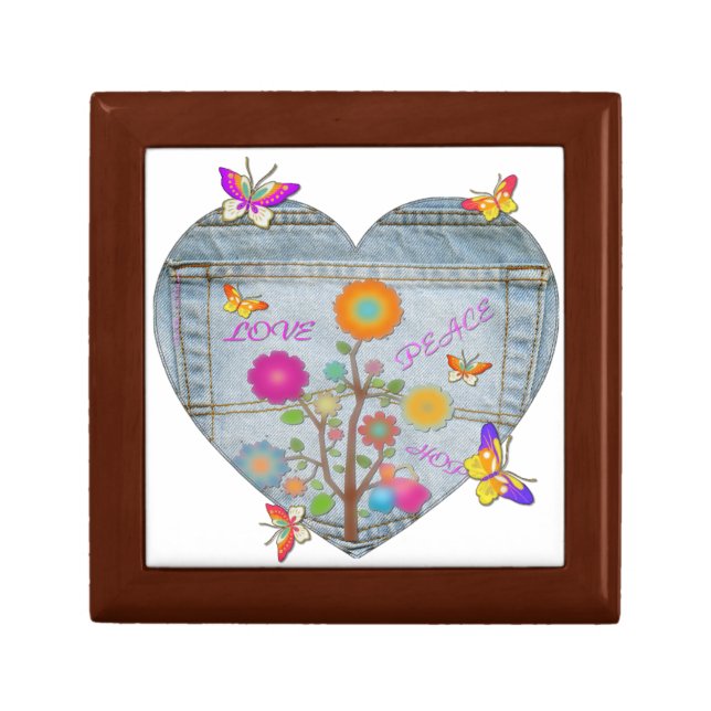 Denim Pocket Heart Flowers Butterflies Keepsake Box (Front)