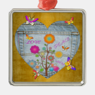 Denim Pocket Heart Flowers Butterflies Metal Ornam Ornament