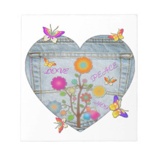 Denim Pocket Heart Flowers Butterflies Notepad