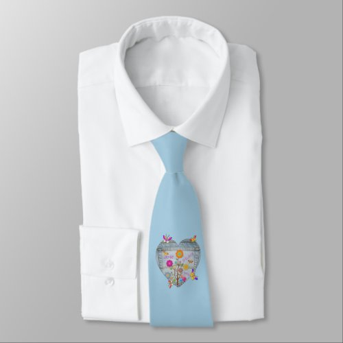 Denim Pocket Heart Flowers Butterflies on Blue Neck Tie