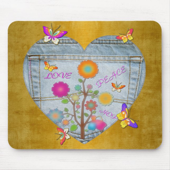 Denim Pocket Heart Flowers Butterflies on Gold Mouse Pad (Front)