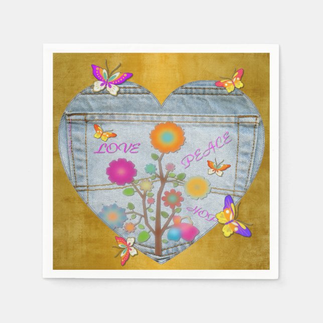 Denim Pocket Heart Flowers Butterflies on Gold Napkins (Front)