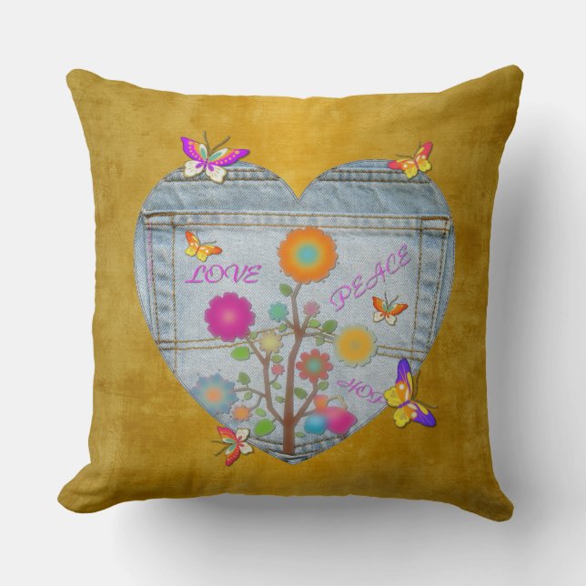 Denim Pocket Heart Flowers Butterflies on Gold Throw Pillow (Front)