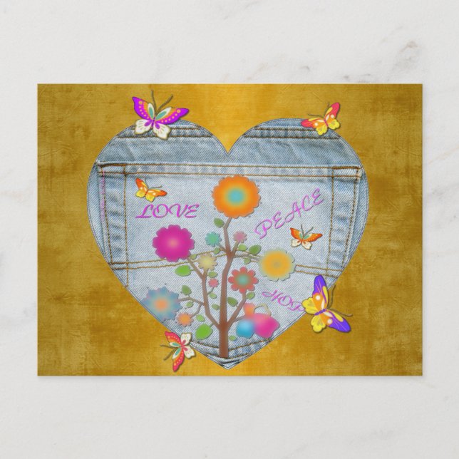 Denim Pocket Heart Flowers Butterflies Postcard (Front)