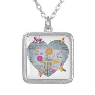 Denim Pocket Heart Flowers Butterflies Silver Plated Necklace