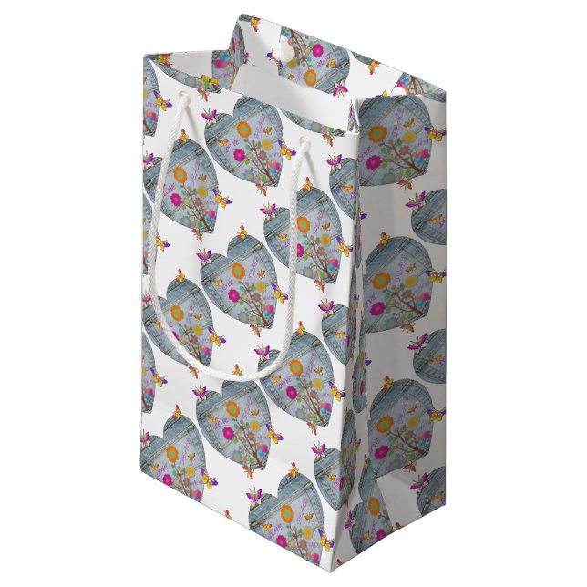 Denim Pocket Heart Flowers Butterflies Small Gift Bag (Front Angled)