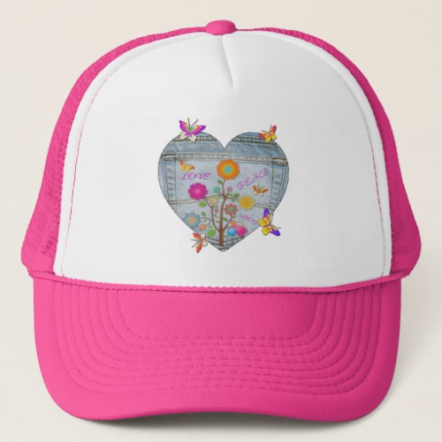 Denim Pocket Heart Flowers Butterflies Trucker Hat