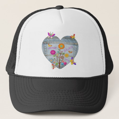 Denim Pocket Heart Flowers Butterflies Trucker Hat