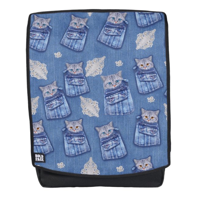 Denim pocket Jeans,Kittens and Lace Backpack (Front)