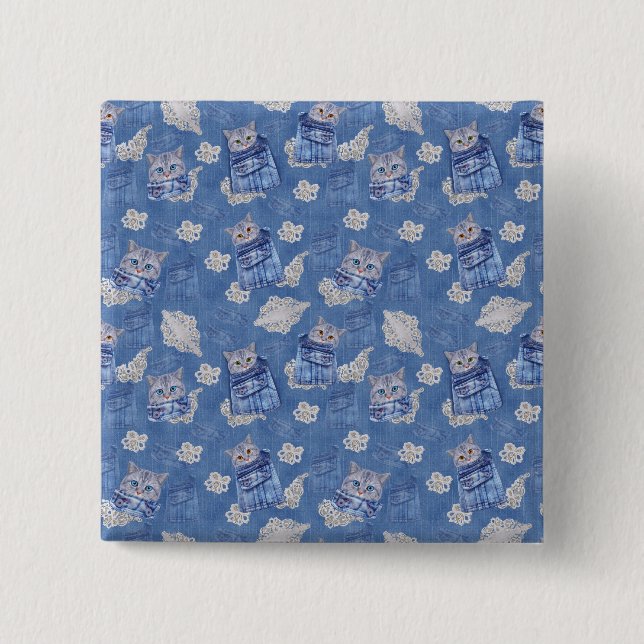 Denim pocket Jeans,Kittens and Lace Button (Front)